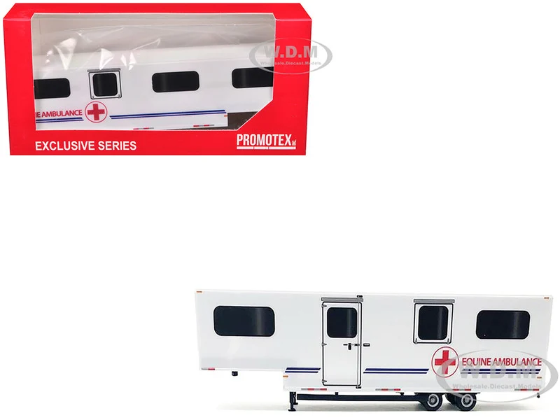 Equine Ambulance Trailer White with Blue Stripes 1/87 (HO) Plastic Model by Promotex - Fire and Rescue Models