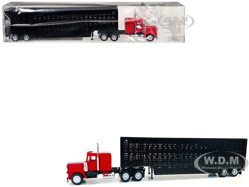 Peterbilt with Sleeper Cab Red with Black Livestock Trailer 1/87 (HO) Plastic Model Car by Promotex - Peterbilt Models
