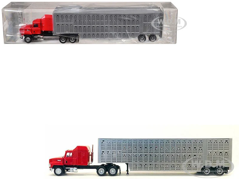 Mack CH 613 with Sleeper Cab Red with Silver Livestock Trailer 1/87 (HO) Plastic Model Car by Promotex - Mack Models