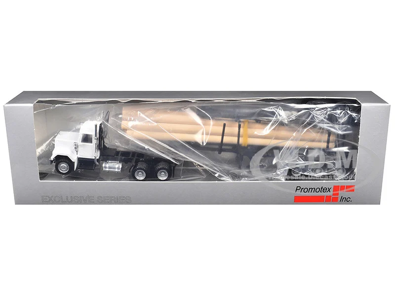 GMC Super B Log Truck and Trailer White with Log Accessories 1/87 (HO) Plastic Model Car by Promotex - GMC Models