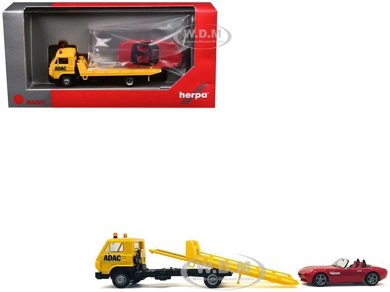 Flatbed Tow Truck "ADAC" Yellow and BMW Z4 Convertible Red Set of 2 pieces 1/87 (HO) Plastic Model Cars by Promotex - BMW Models