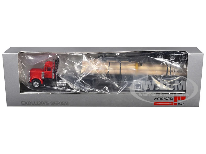 Peterbilt Super B Log Truck and Trailer Red with Log Accessories 1/87 (HO) Plastic Model Car by Promotex - Peterbilt Models