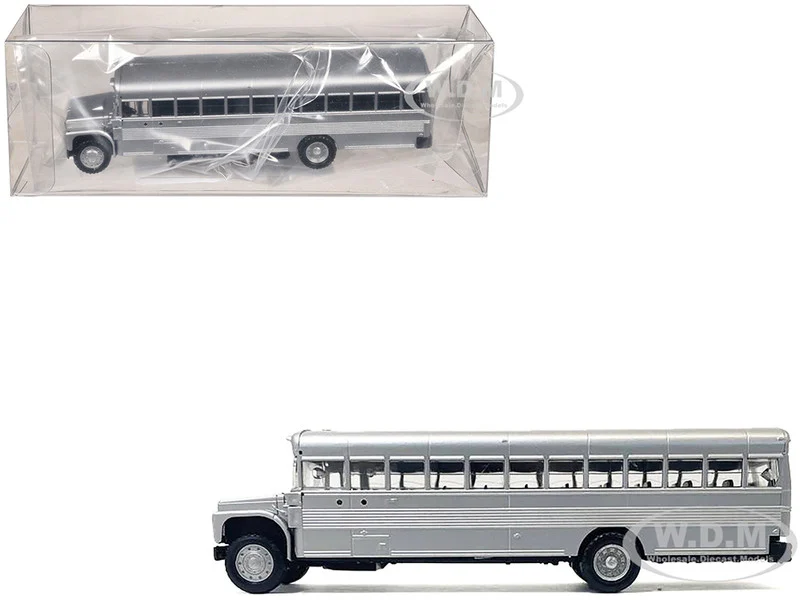 School Bus Silver Metallic 1/87 (HO) Plastic Model by Promotex - Bus Models