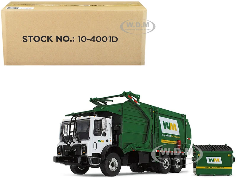 Mack TerraPro "Waste Management" Refuse Garbage Truck with Wittke Front Load White and Green with Garbage Bin 1/34 Diecast Model by First Gear - Mack Models