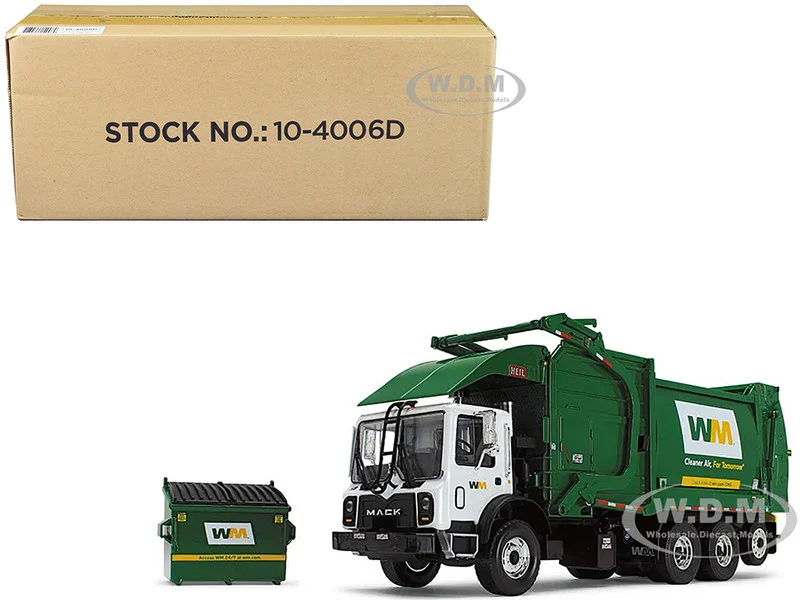 Mack TerraPro "Waste Management" Refuse Garbage Truck with Heil Half/Pack Freedom Front End Loader and CNG Tailgate White and Green with Garbage Bin 1/34 Diecast Model by First Gear - Mack Models