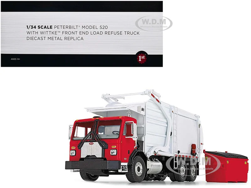 Peterbilt 520 Refuse Garbage Truck with Wittke Front Loader and Trash Bin Red and White 1/34 Diecast Model by First Gear - Peterbilt Models