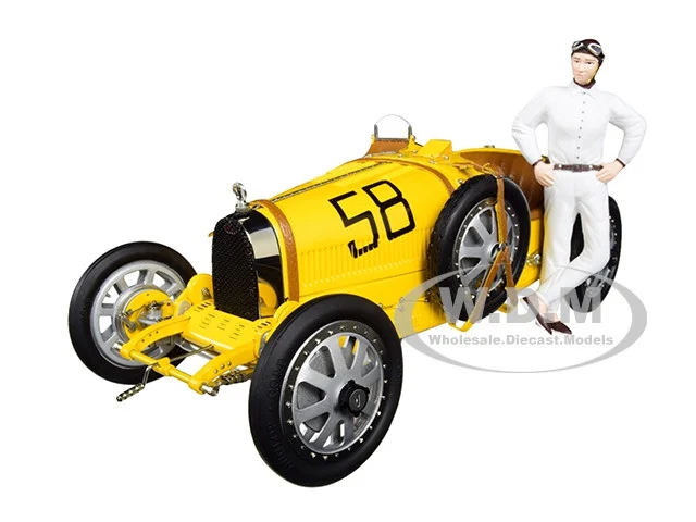 Bugatti T35 #58 Grand Prix Yellow Livery with a Female Racer Figurine Limited Edition to 600 pieces Worldwide 1/18 Diecast Model Car by CMC - Bugatti Models