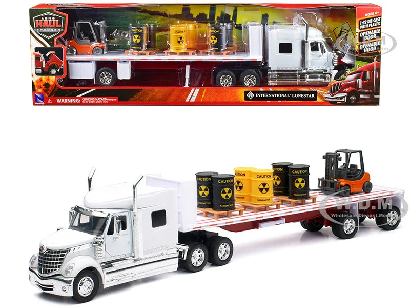 International Lonestar Flatbed Truck White with 6 Toxic Barrels, 3 Pallets and Forklift "Long Haul Trucker" Series 1/32 Diecast Model by New Ray - International Models