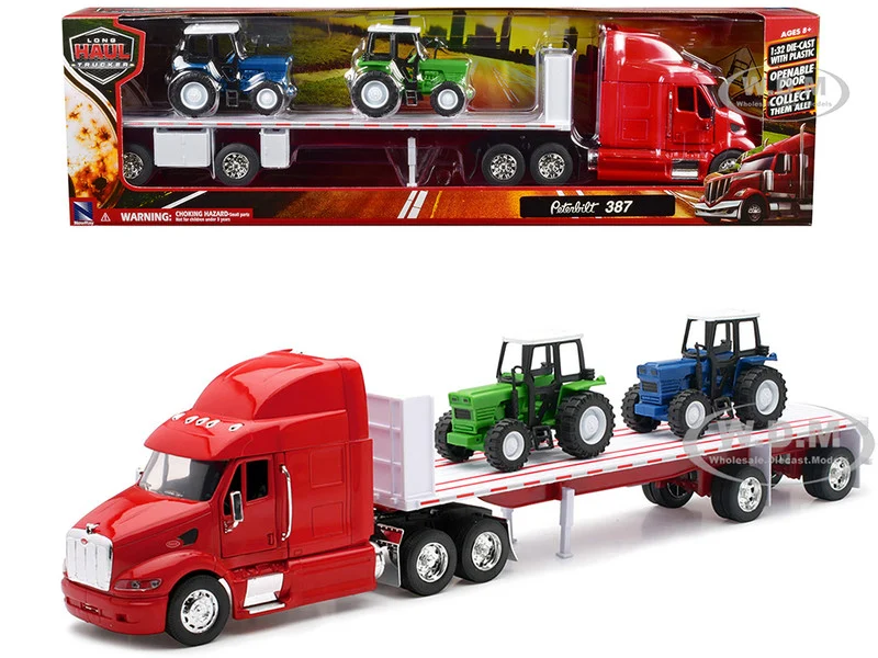 Peterbilt 387 Flatbed Truck Red with 2 Farm Tractors Blue and Green "Long Haul Trucker" Series 1/32 Diecast Model by New Ray - Peterbilt Models