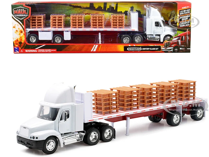 Freightliner Century Class S/T Flatbed Truck White with Pallet Accessories "Long Haul Trucker" Series 1/32 Diecast Model by New Ray - Freightliner Models