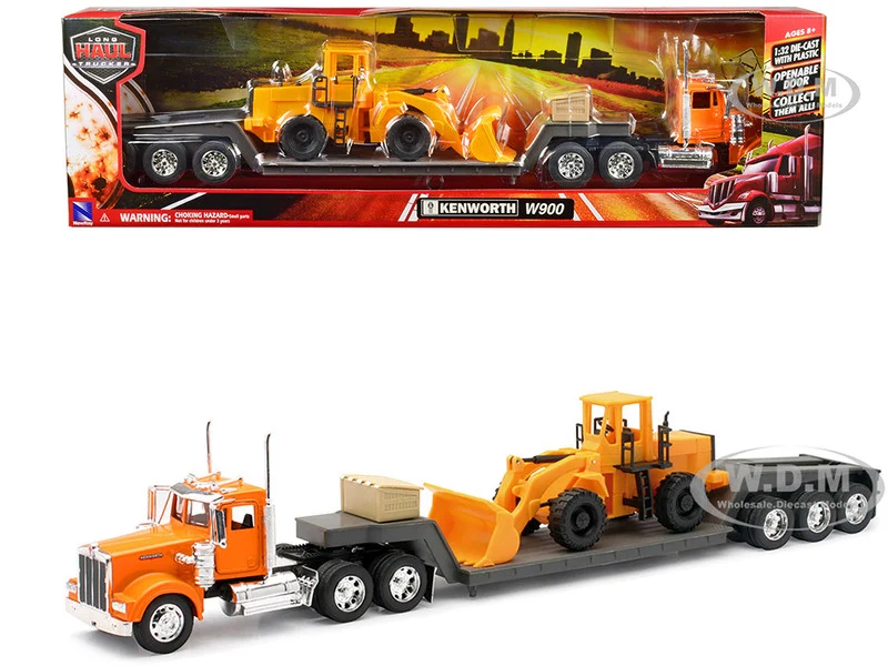 Kenworth W900 Truck with Lowboy Trailer Orange and Wheel Loader Yellow "Long Haul Trucker" Series 1/32 Diecast Model by New Ray - Kenworth Models