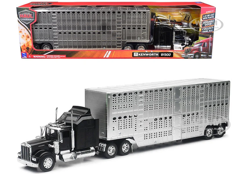 Kenworth W900 Truck Black with Pot Belly Livestock Chrome "Long Haul Truckers" Series 1/32 Diecast Model by New Ray - Kenworth Models
