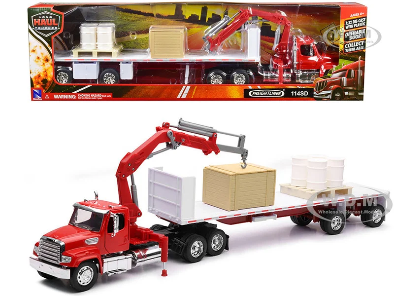 Freightliner 114SD Flatbed Truck with Crane Red with Accessories "Long Haul Trucker" Series 1/32 Diecast Model by New Ray - Freightliner Models