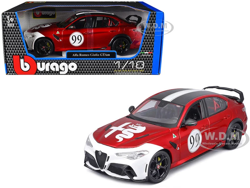 Alfa Romeo Giulia GTAm #99 Red Metallic with Black Top and White Graphics 1/18 Diecast Model Car by Bburago - Alfa Romeo Models