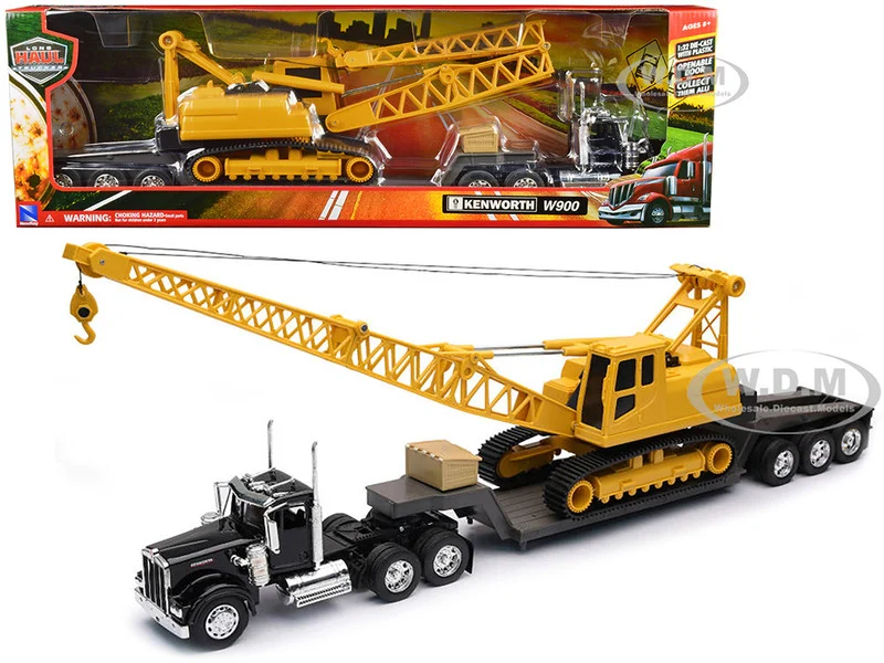 Kenworth W900 Truck with Lowboy Trailer Black and Crane Yellow "Long Haul Trucker" Series 1/32 Diecast Model by New Ray - Kenworth Models