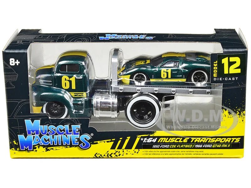 1950 Ford COE Flatbed Truck #61 and 1966 Ford GT40 MK II #61 Green Metallic with Yellow Stripes "Muscle Transports" Series 1/64 Diecast Models by Muscle Machines - Ford Models