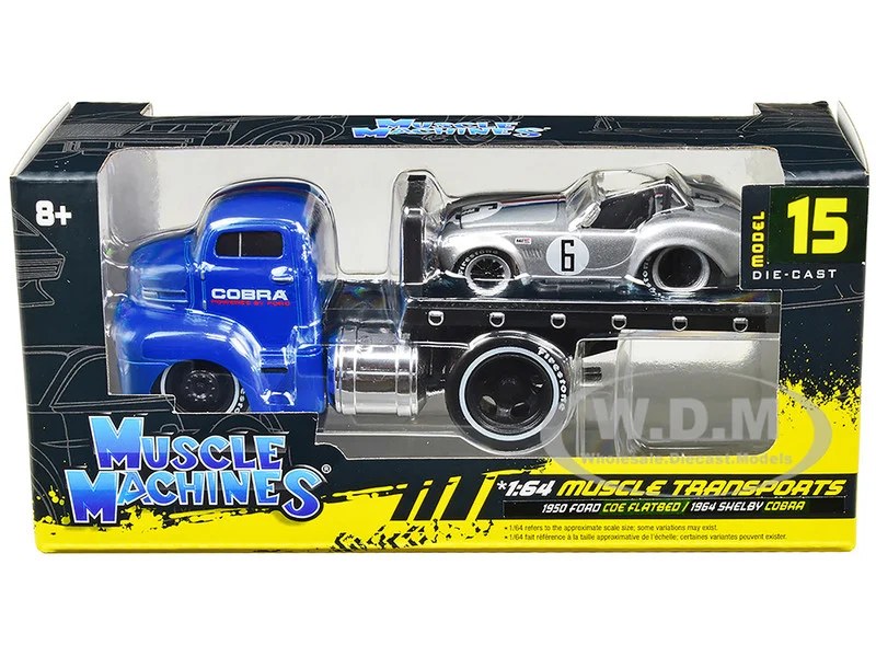 1950 Ford COE Flatbed Truck Blue "Cobra Powered by Ford" and 1964 Shelby Cobra #6 Silver Metallic with Stripes "Muscle Transports" Series 1/64 Diecast Model Cars by Muscle Machines - Ford Models