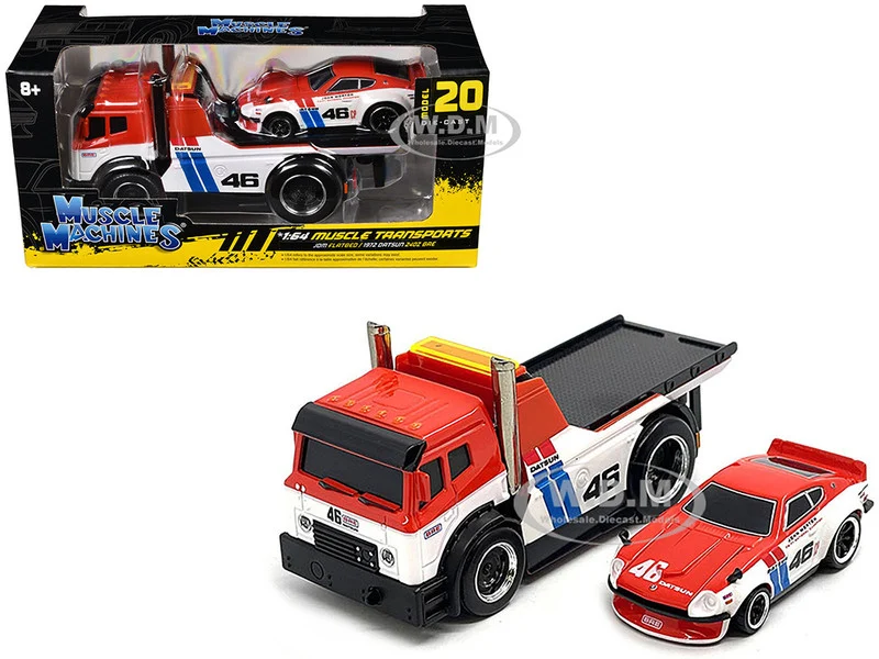 JDM Flatbed Truck #46 Red and White with Blue Stripes and 1972 Datsun 240Z #46 Red and White with Blue Stripes "BRE" "Muscle Transports" Series 1/64 Diecast Models by Muscle Machines - Datsun Models
