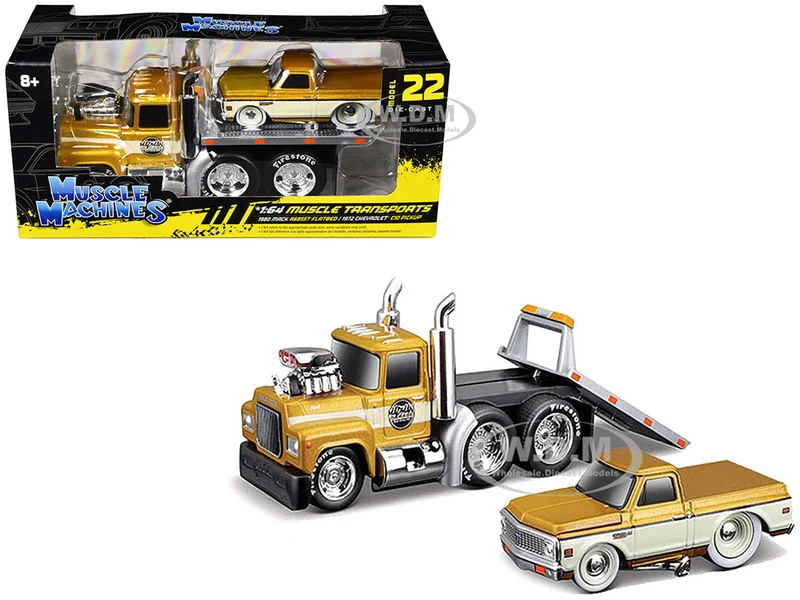 1980 Mack A685ST Flatbed Truck Gold Metallic with Beige Stripes "Madman Garage" and 1972 Chevrolet C10 Pickup Truck Gold Metallic and Beige "Muscle Transports" Series 1/64 Diecast Models by Muscle Machines - Chevrolet Models