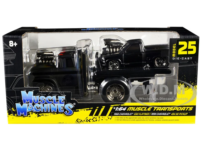 1966 Chevrolet C60 Flatbed Truck Matt Black and 1993 Chevrolet 454 SS Pickup Truck Matt Black "Muscle Transports" Series 1/64 Diecast Models by Muscle Machines - Chevrolet Models