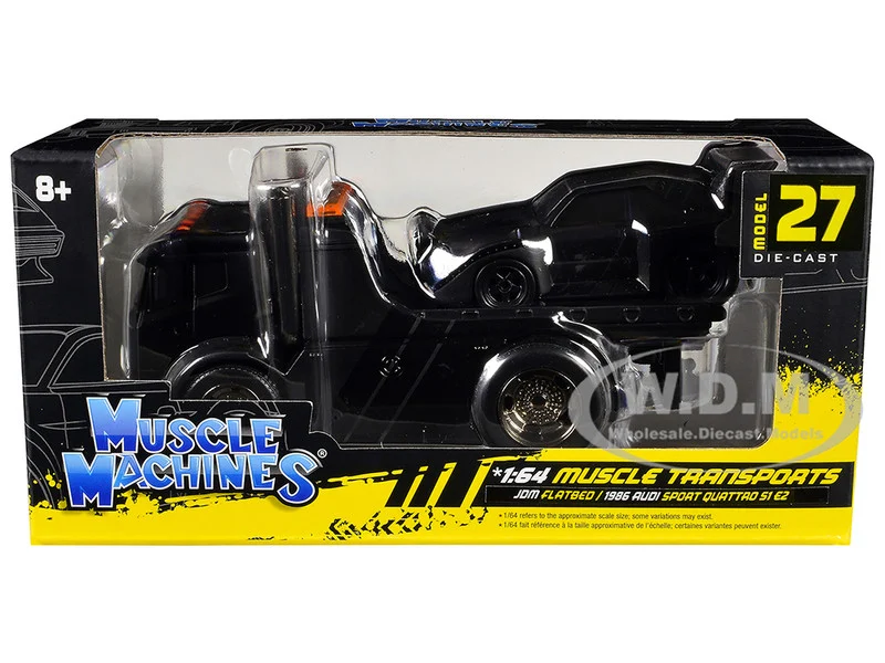JDM Flatbed Truck Matt Black and 1986 Audi Sport Quattro S1 E2 Matt Black "Muscle Transports" Series 1/64 Diecast Models by Muscle Machines - 1/64 Scale Sets