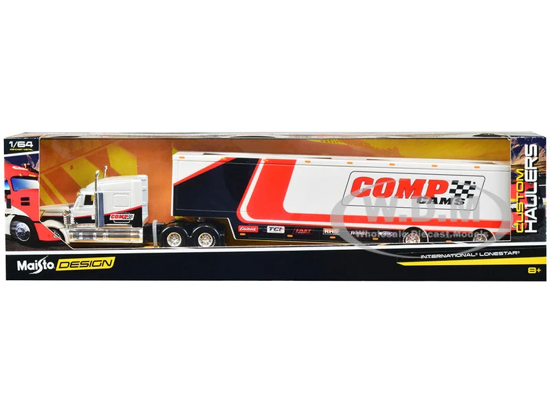 International LoneStar Enclosed Car Transporter "Comp Cams" White and Black with Stripes "Custom Haulers" Series 1/64 Diecast Model by Maisto - International Models