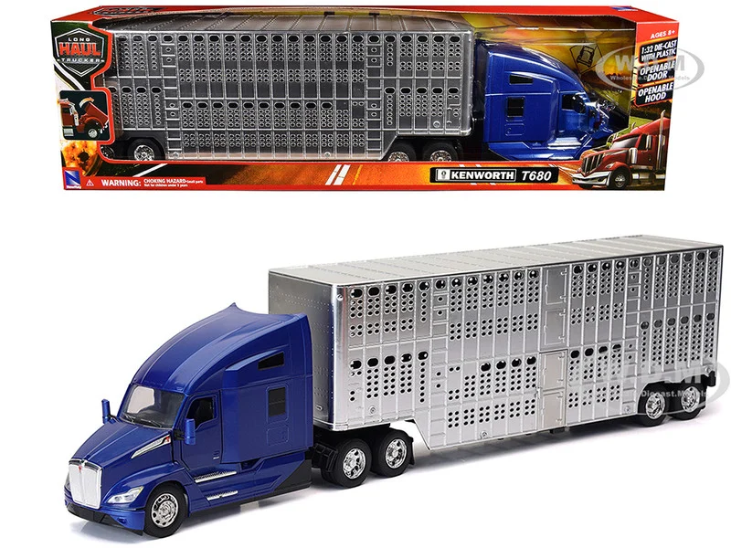 Kenworth T680 Truck Blue Metallic with Livestock Trailer Chrome "Long Haul Trucker" Series 1/32 Diecast Model by New Ray - Kenworth Models