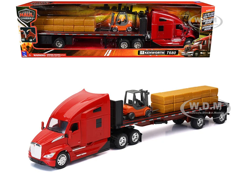 Kenworth T680 Truck Red and Flatbed Trailer with Forklift and Hay Load "Long Haul Trucker" Series 1/32 Diecast Model by New Ray - Kenworth Models