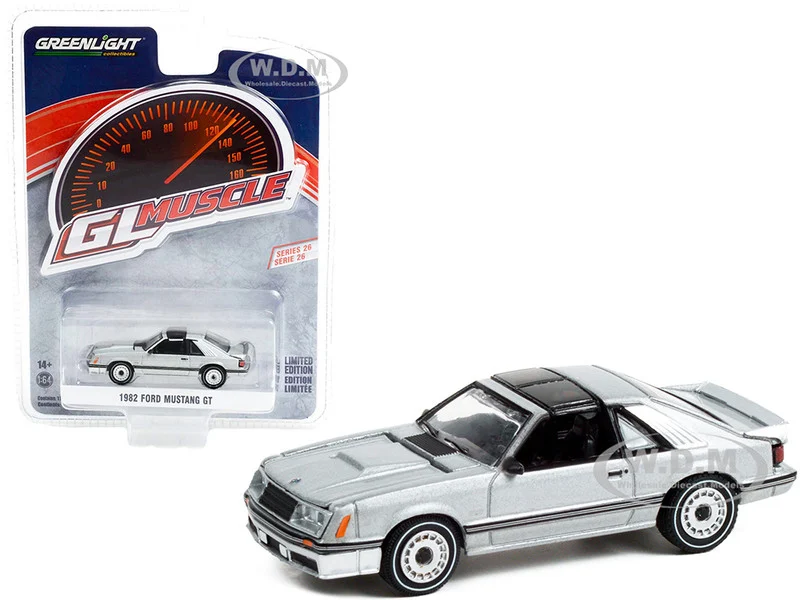 1982 Ford Mustang GT 5.0 Silver Metallic with Black Stripes "Greenlight Muscle" Series 26 1/64 Diecast Model Car by Greenlight - Ford Models
