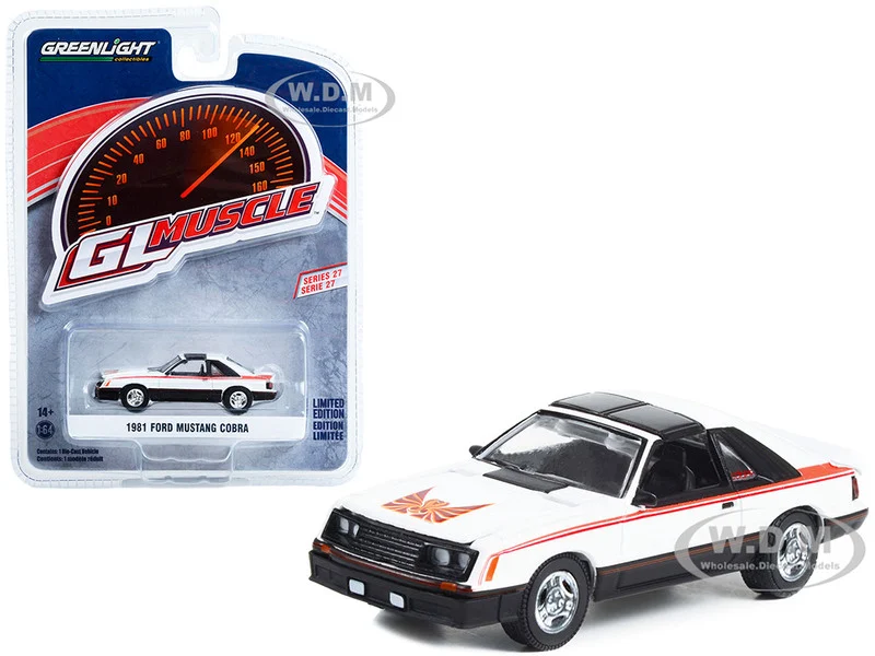 1981 Ford Mustang Cobra Polar White and Black with Red Stripes "Greenlight Muscle" Series 27 1/64 Diecast Model Car by Greenlight - Ford Models