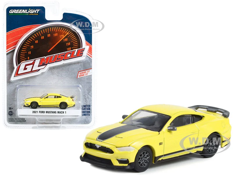 2021 Ford Mustang Mach 1 Grabber Yellow with Black Stripes "Greenlight Muscle" Series 27 1/64 Diecast Model Car by Greenlight - Ford Models