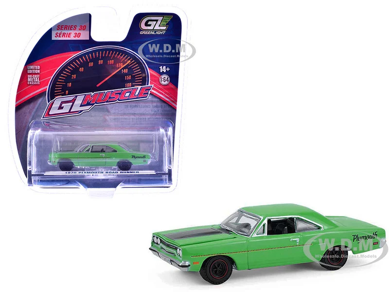 1970 Plymouth Road Runner Green with Black Hood Stripe "GreenLight Muscle" Series 30 1/64 Diecast Model Car by Greenlight - Plymouth Models