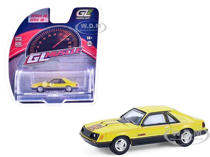1979 Ford Mustang Cobra Fastback Bright Yellow with Cobra Good Graphics "GreenLight Muscle" Series 30 1/64 Diecast Model Car by Greenlight - Ford Models