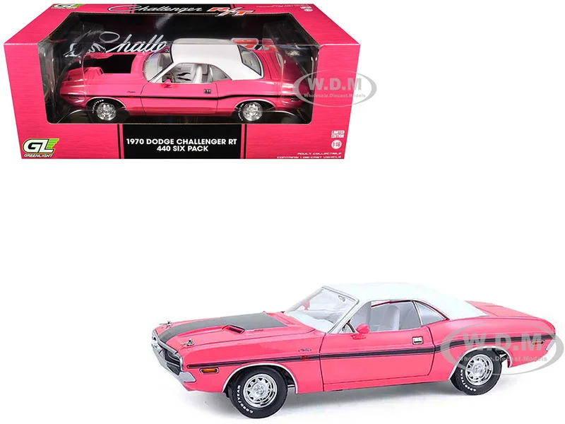 1970 Dodge Challenger R/T 440 Six Pack Panther Pink with Black Stripes, White Top and White Interior 1/18 Diecast Model Car by Greenlight - Dodge Models