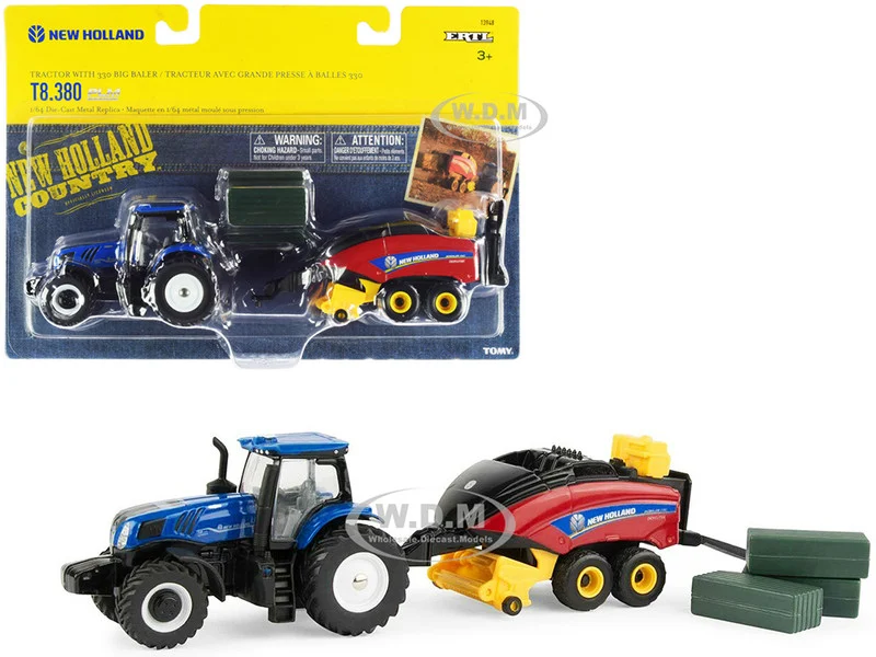 New Holland T8.380 Genesis Tractor Blue with New Holland Big Baler 330 Red and 3 Bales Set of 3 pieces 1/64 Diecast Models by ERTL TOMY - 1/64 Scale Sets