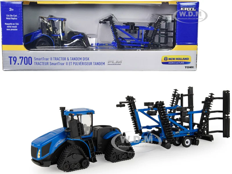 New Holland T9.700 SmartTrax II Tractor Blue with Tandem Disk Set of 2 pieces 1/64 Diecast Models by ERTL TOMY - Tractors & Farm Models