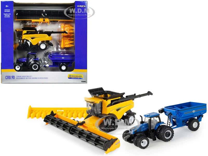 New Holland T8.410 Genesis Tractor Blue with J&M Grain Car and New Holland CR8.90 Combine Yellow Set of 3 pieces "New Holland Agriculture" Series 1/64 Diecast Models by ERTL TOMY - Tractors & Farm Models
