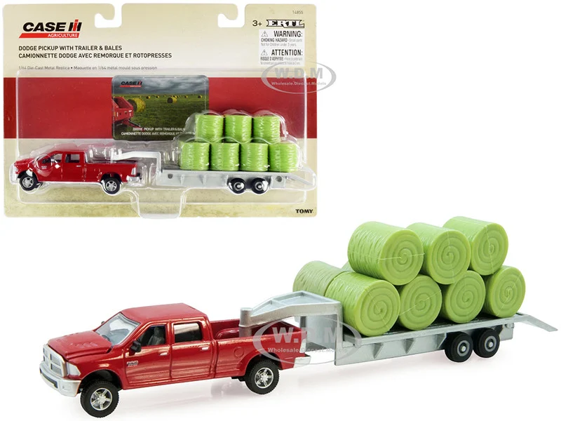 Dodge Ram 2500 Heavy Duty Pickup Truck Red with Flatbed Trailer Silver and 11 Hay Bales Set of 3 pieces "Case IH Agriculture" Series 1/64 Diecast Models by ERTL TOMY - Dodge Models