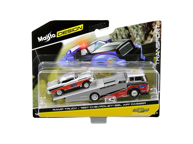 1957 Chevrolet Bel Air Gasser #786 Silver and Red with Ramp Tow Truck "Elite Transport" 1/64 Diecast Models by Maisto - Chevrolet Models
