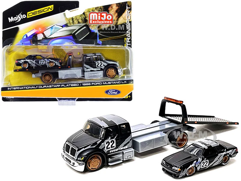 International DuraStar Flatbed Truck #22 and 1988 Ford Mustang LX #22 Matt Black with Gray Graphics "Toyo Tires" "Elite Transport" Series 1/64 Diecast Models by Maisto - Ford Models
