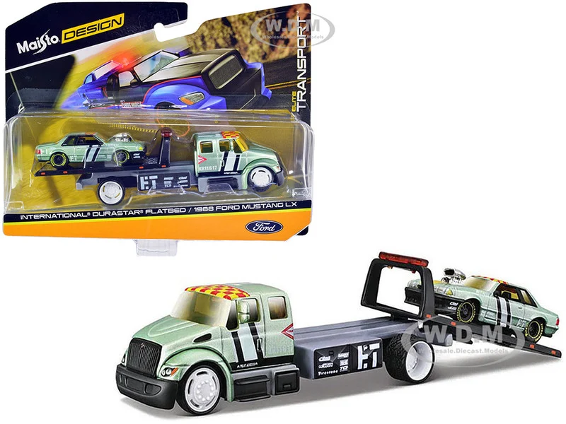 International DuraStar Flatbed Truck #17 and 1988 Ford Mustang LX #17 Light Green Metallic with Stripes and Graphics "Elite Transport" Series 1/64 Diecast Models by Maisto - Ford Models