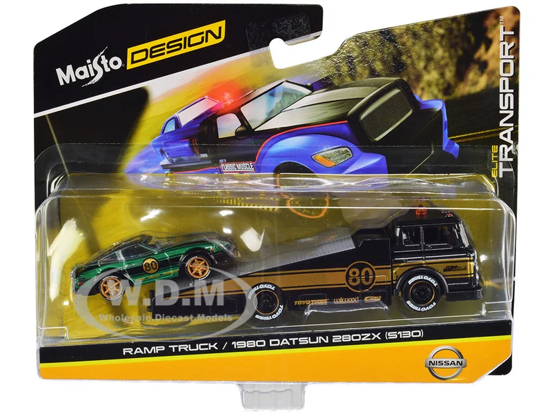 Ramp Truck #80 Dark Gray Metallic with Gold Metallic Stripes "JDM Garage" and 1980 Datsun 280ZX (S130) #80 Green Metallic with Stripes "Elite Transport" Series 1/64 Diecast Models by Maisto - Datsun Models