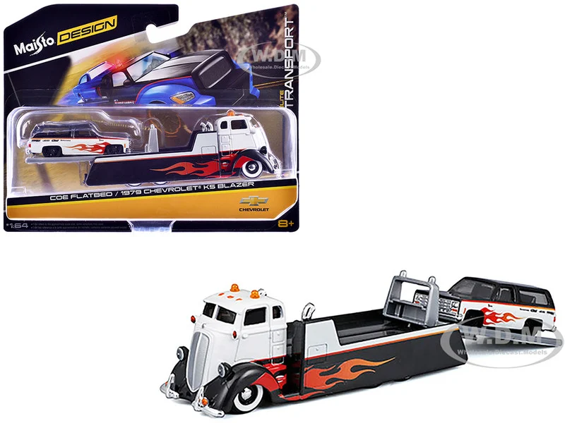 COE Flatbed Truck White and Black with Flame Graphics and 1979 Chevrolet K5 Blazer Black and White with Flame Graphics "Elite Transport" Series 1/64 Diecast Models by Maisto - 1/64 Scale Sets