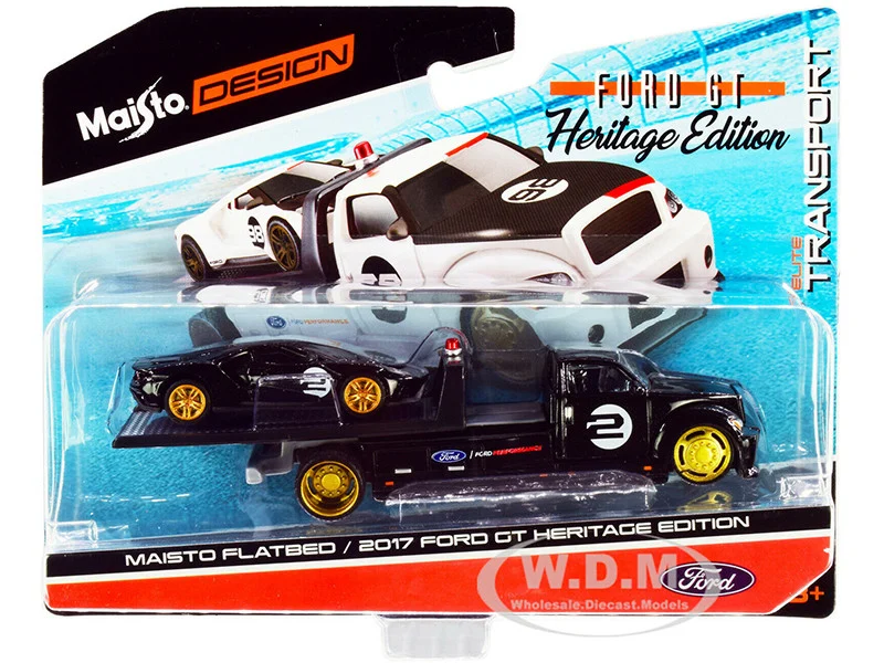 2017 Ford GT #2 Heritage Edition with Flatbed Truck Black "Elite Transport" Series 1/64 Diecast Model Cars by Maisto - Ford Models
