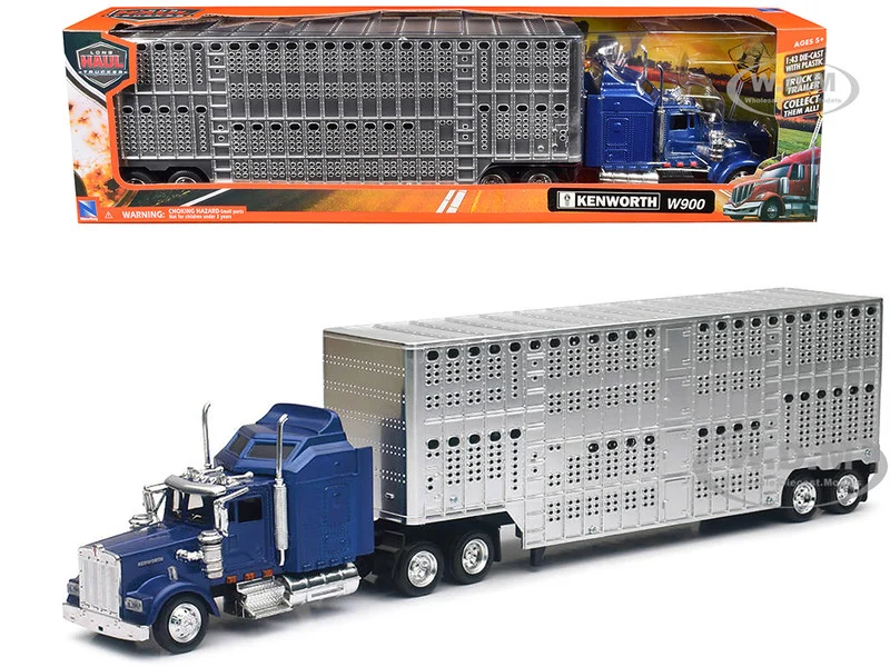 Kenworth W900 Truck Blue with Potbelly Livestock Trailer Chrome "Long Haul Truckers" Series 1/43 Diecast Model by New Ray - Kenworth Models