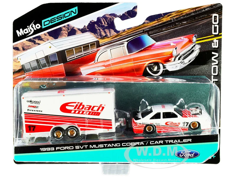 1993 Ford SVT Mustang Cobra #17 with Enclosed Car Trailer "Eibach" White with Red Stripes "Tow & Go" Series 1/64 Diecast Model Cars by Maisto - Ford Models