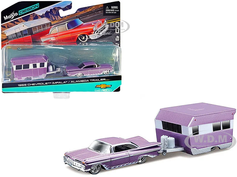 1959 Chevrolet Impala Purple Metallic with White Graphics and Alameda Trailer Purple Metallic and White "Tow & Go" Series 1/64 Diecast Model Car by Maisto - Chevrolet Models