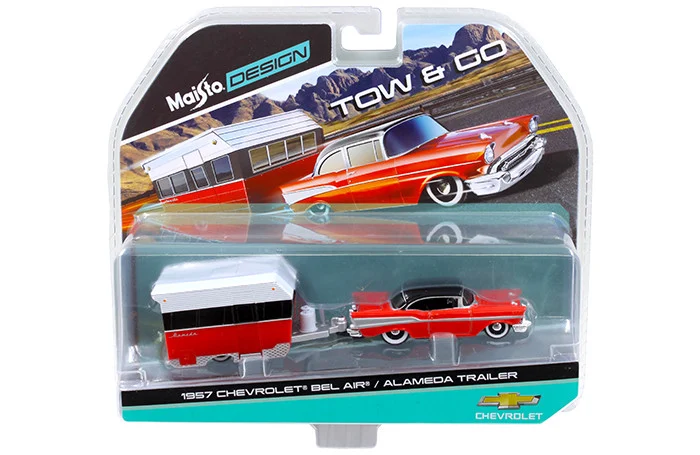 1957 Chevrolet Bel Air with Alameda Trailer Red Tow & Go 1/64 Diecast Model by Maisto - Chevrolet Models