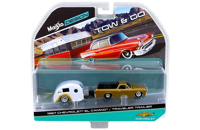 1967 Chevrolet El Camino with Traveler Trailer Gold Tow & Go 1/64 Diecast Model by Maisto - Chevrolet Models