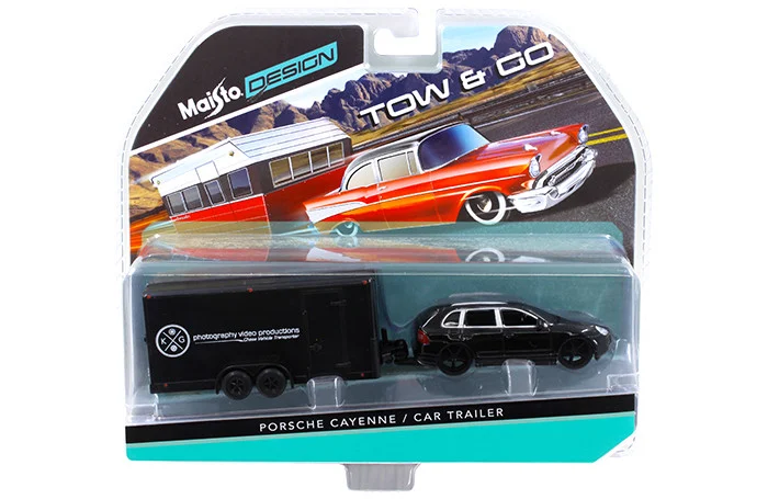 Porsche Cayenne Black and Car Trailer Tow & Go 1/64 Diecast Model by Maisto - Porsche Models
